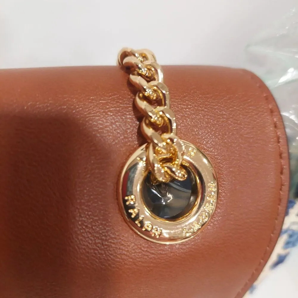 NEW Ralph Lauren Blue Striped Straw Brown Leather Golden Chain Shoulder Bag